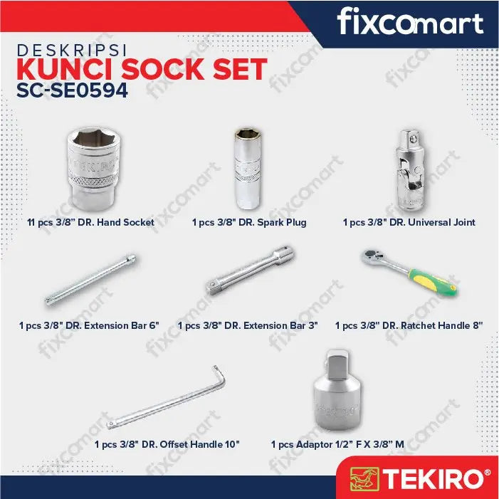 Tekiro Socket Set 3/8 Inch 18 Pcs 6-22 mm 12 PT Sock Set FIXCOMART
