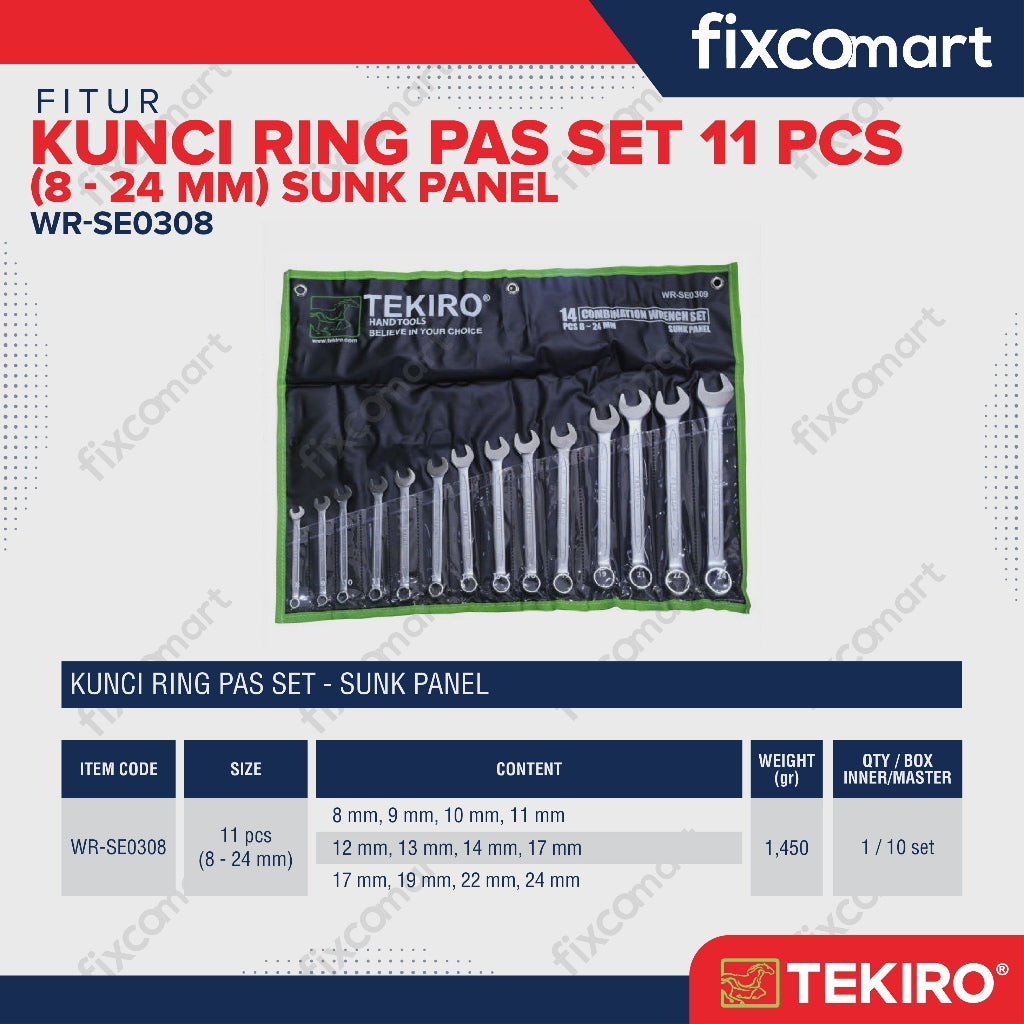 Tekiro Combination Wrench Set / Kunci Ring Pas Set 11 Pcs (8-24 Mm) Sunk Panel