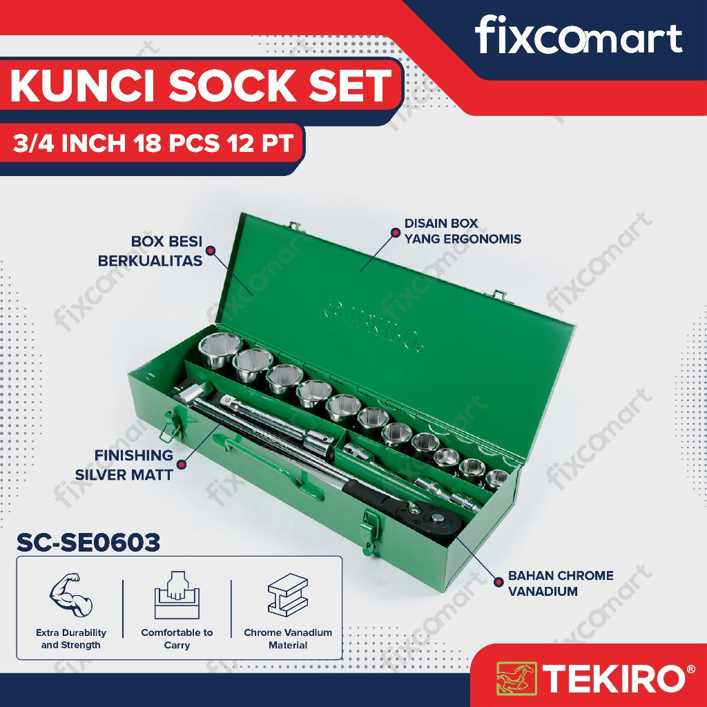 Tekiro Socket Set 3/4 Inch 18 Pcs (19-50 Mm) 12Pt / Tekiro Kunci Sock Set