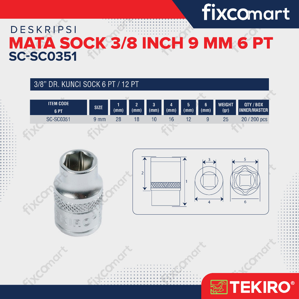 Tekiro Socket 3/8 inch 9 mm 6 PT / Mata Sock 3/8 Inch