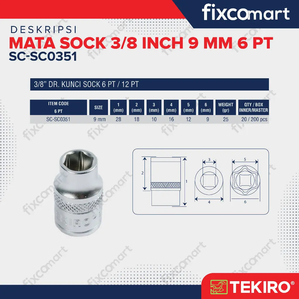 Tekiro Socket 3/8 inch 9 mm 6 PT / Mata Sock 3/8 Inch FIXCOMART
