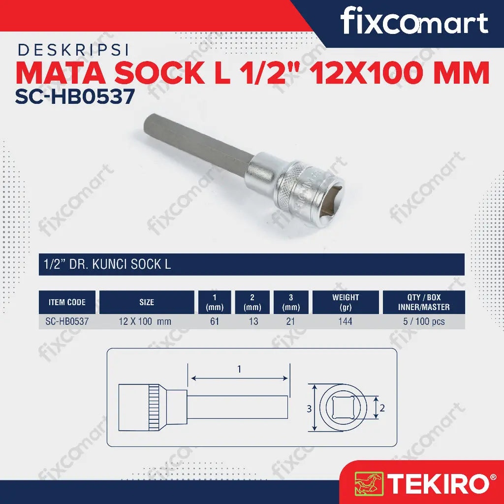 Tekiro Mata Sock L 1/2" 12X100 mm / Hex Bit Socket FIXCOMART