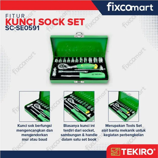 Tekiro Socket Set 1/4 Inch 17 Pcs 6Pt (4-12 Mm) Box Kaleng / Tekiro Kunci Sock Set FIXCOMART