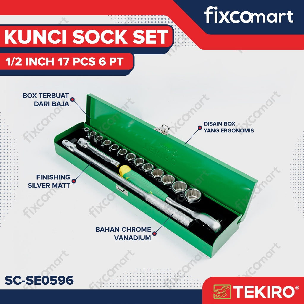 TEKIRO Kunci Socket Set 1/2" inci 6 PT /12 PT 8 ~ 24 mm + Kaus Kaki Gagang