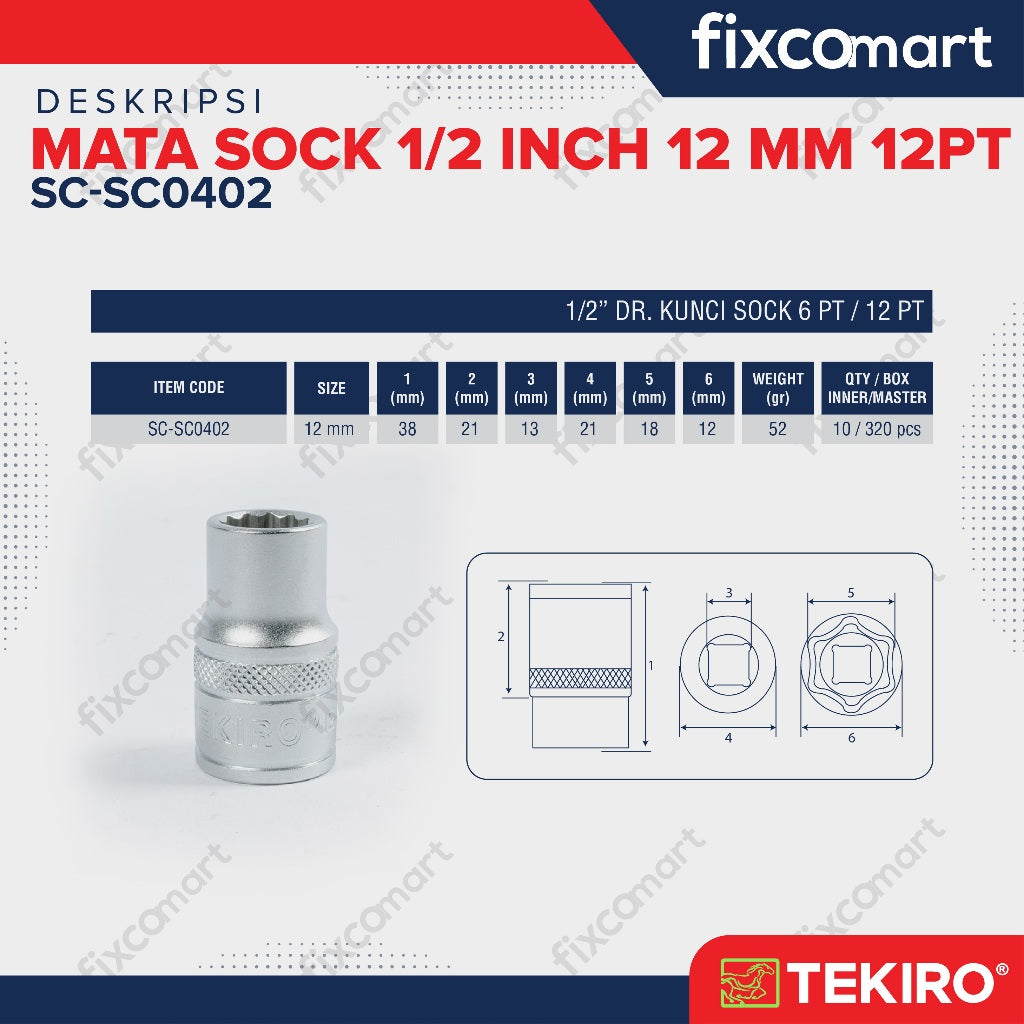 Tekiro Socket 1/2 inch 12 mm 12 PT