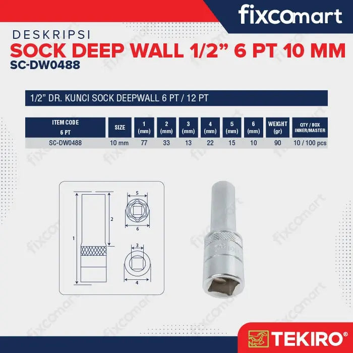 Tekiro Mata Sock Deep Wall 1/2 Inch 6Pt 10 Mm FIXCOMART