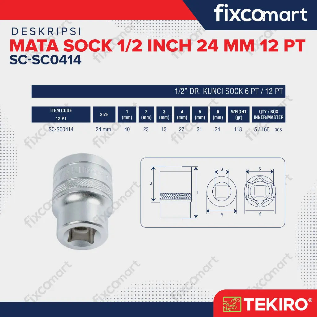 Tekiro Mata Sock 1/2 Inch 24 mm 12 PT / Tekiro Mata Socket FIXCOMART