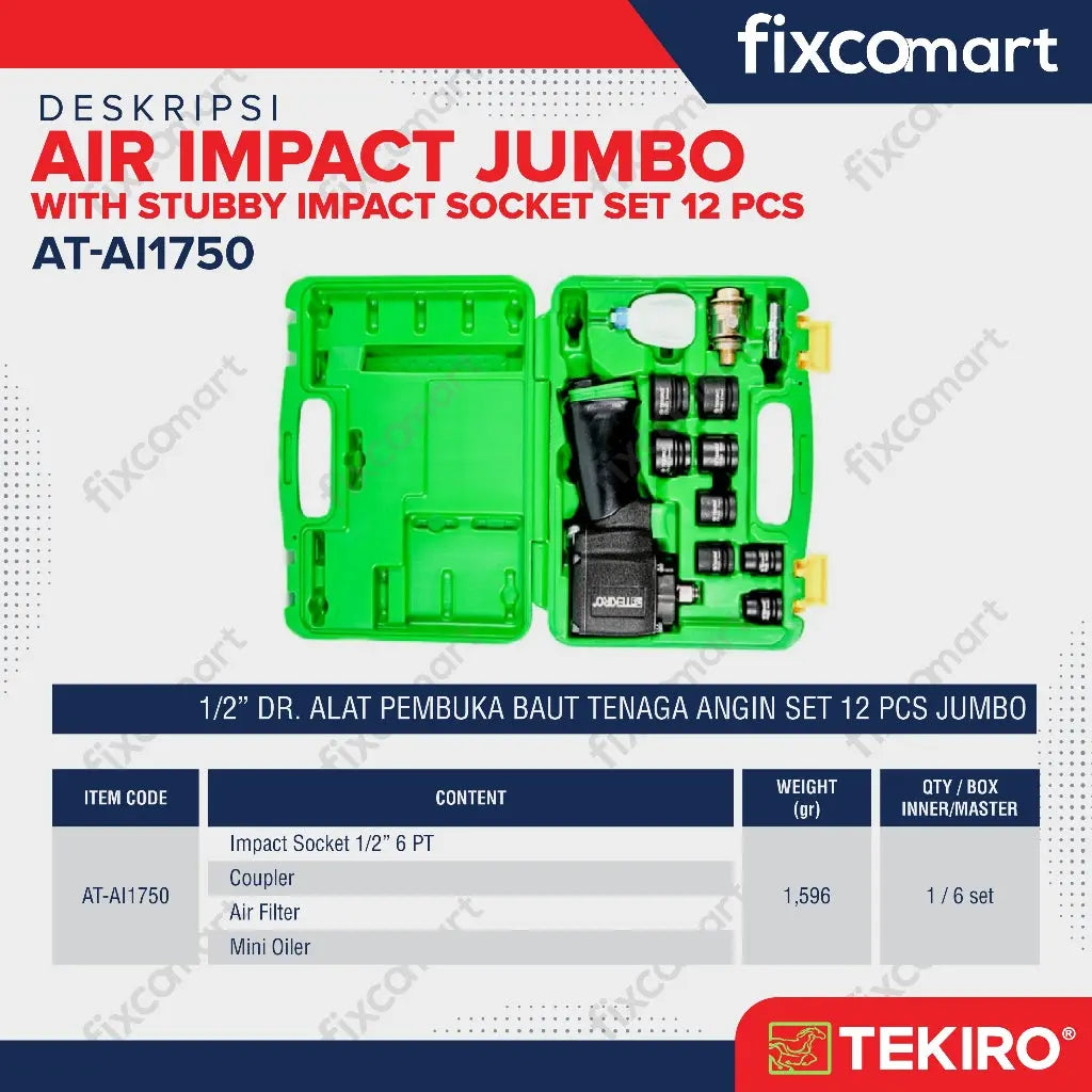 Tekiro Air Impact Jumbo With Stubby Impact Socket Set 12 Pcs FIXCOMART