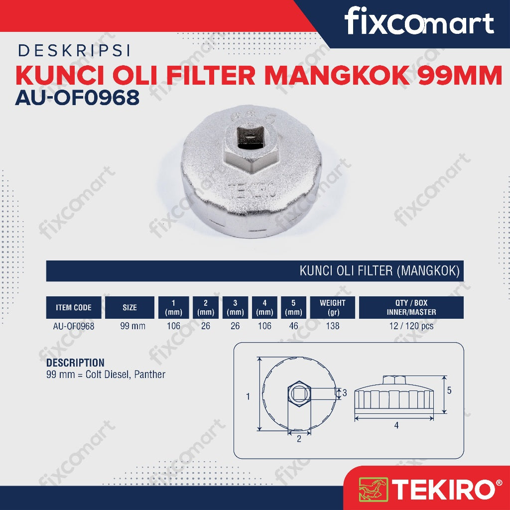 Tekiro Kunci Oil Filter Mangkok 99 Mm / Oil Filter Colt Diesel, Panther