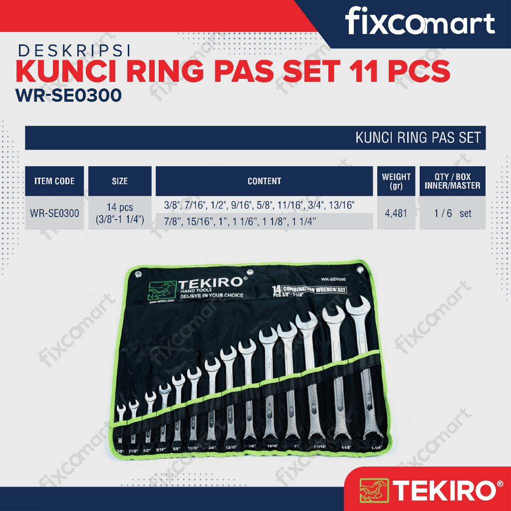 Tekiro Combination Wrench Set / Kunci Ring Pas Set 14 Pcs Inch (3/8" - 1 1/4")