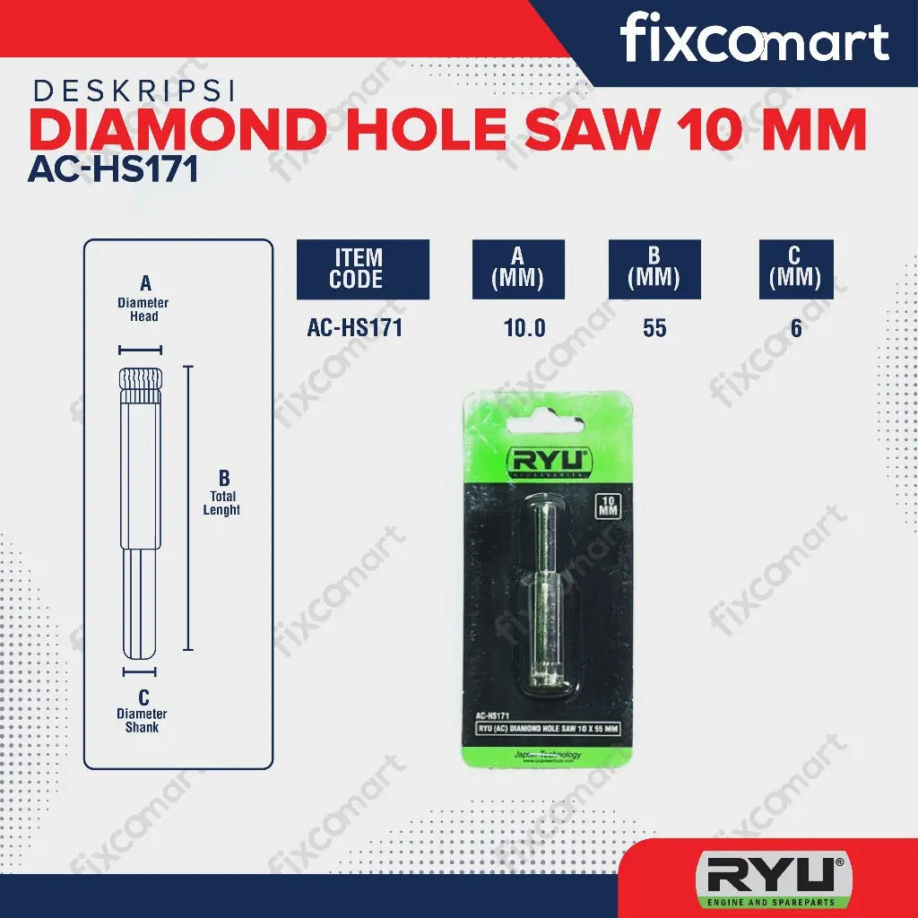 RYU DIAMOND HOLE SAW 10 X 55 MM - MATA BOR KERAMIK - MATA BOR KACA FIXCOMART
