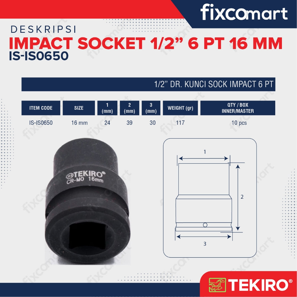 Tekiro Mata Sock Impact 1/2 Inch 16 Mm 6 Pt / Tekiro Socket Impact
