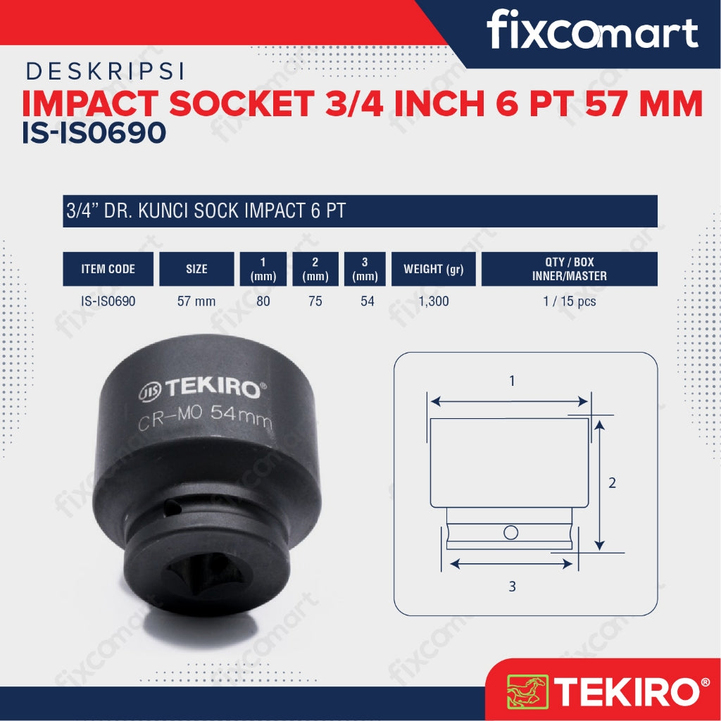 Tekiro Socket Impact 3/4 Inch 57 Mm 6 Pt / Mata Sock Impact