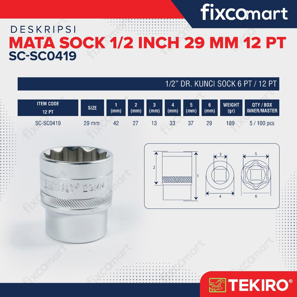 Tekiro Socket 1/2 inch 29 mm 12 PT