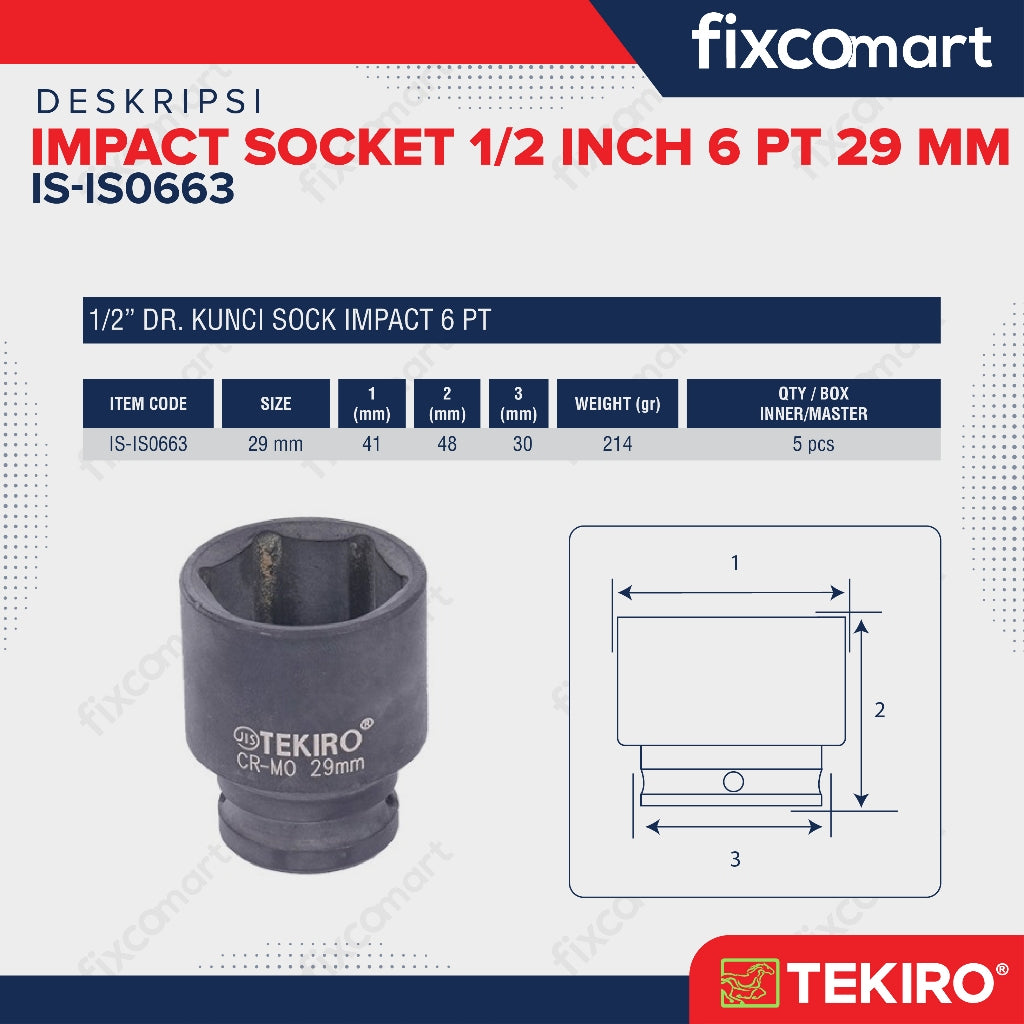 Tekiro Impact Socket 1/2 inch 6 PT 29 mm / mata sock impact