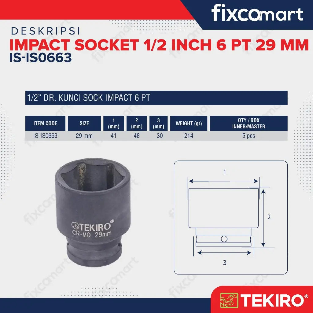 Tekiro Impact Socket 1/2 inch 6 PT 29 mm / mata sock impact FIXCOMART