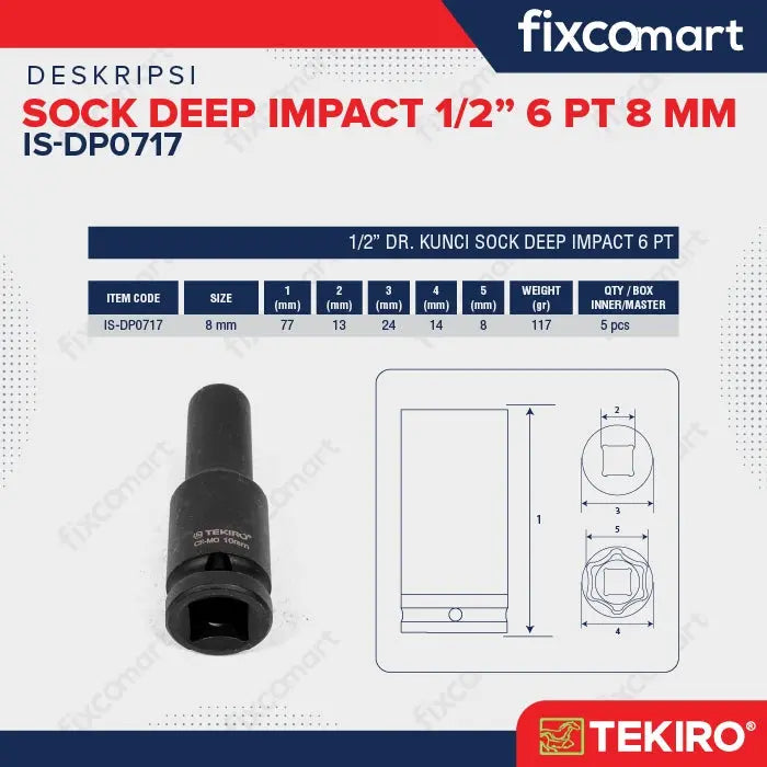 Tekiro Mata Sock Deep Impact 1/2 Inch 8 Mm 6Pt FIXCOMART