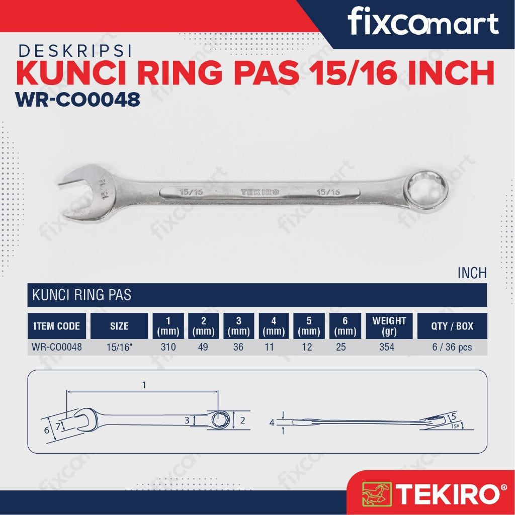 Tekiro Kunci Ring Pas 15/16 Inch / Tekiro Combination Wrench