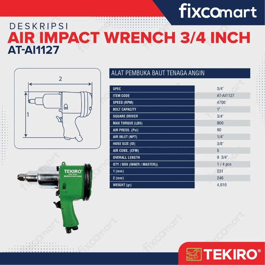 Tekiro Air Impact Wrench 3/4 Inch FIXCOMART