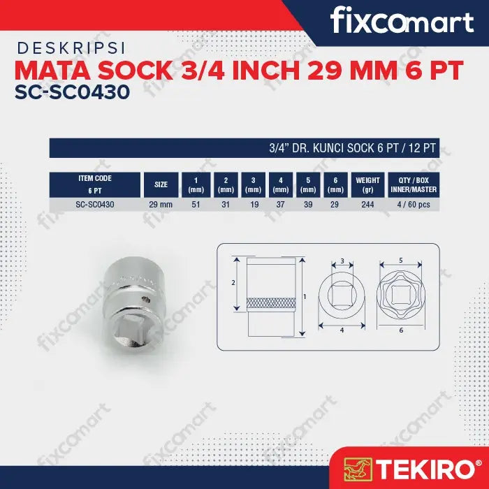 Tekiro Socket 3/4 inch 29 mm 6 PT / Mata Sock 3/4 Inch FIXCOMART
