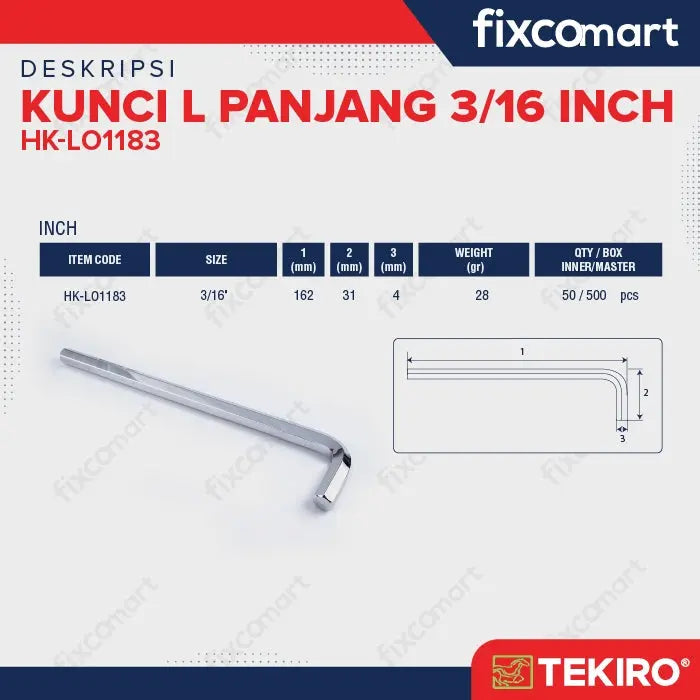 Tekiro Kunci L Panjang 3/16 inch / Hex Key Long FIXCOMART