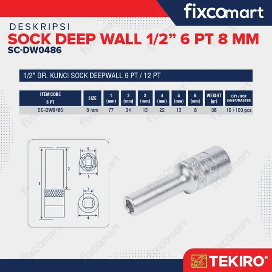 Tekiro Mata Sock Deep Wall 1/2 Inch 8 Mm 6Pt FIXCOMART