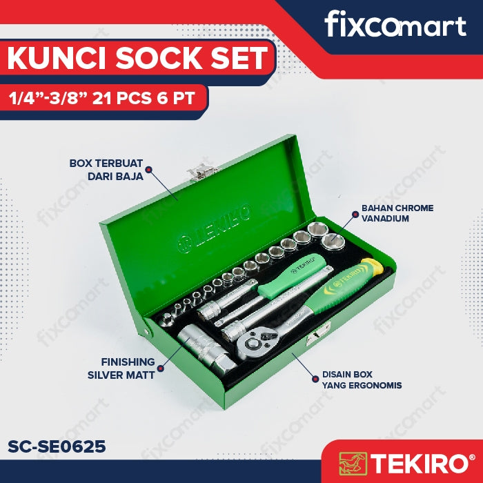 Tekiro Socket Set 1/4 - 3/8 Inch 21 Pcs 6Pt (Box Kaleng) / Tekiro Kunci Socket Set