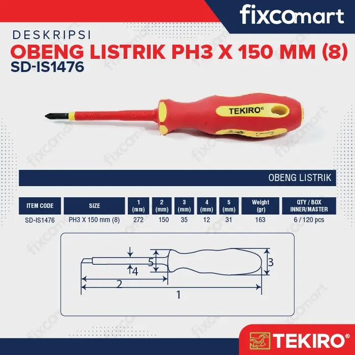 Tekiro Obeng Listrik (+) PH3 X 150 mm / Tekiro Obeng Plus FIXCOMART