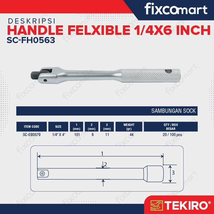 Tekiro Ratchet Handle Felxible 1/4X6 Inch / Gagang Ratchet