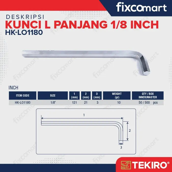 Tekiro Kunci L Panjang 1/8 inch / Hex Key Long FIXCOMART