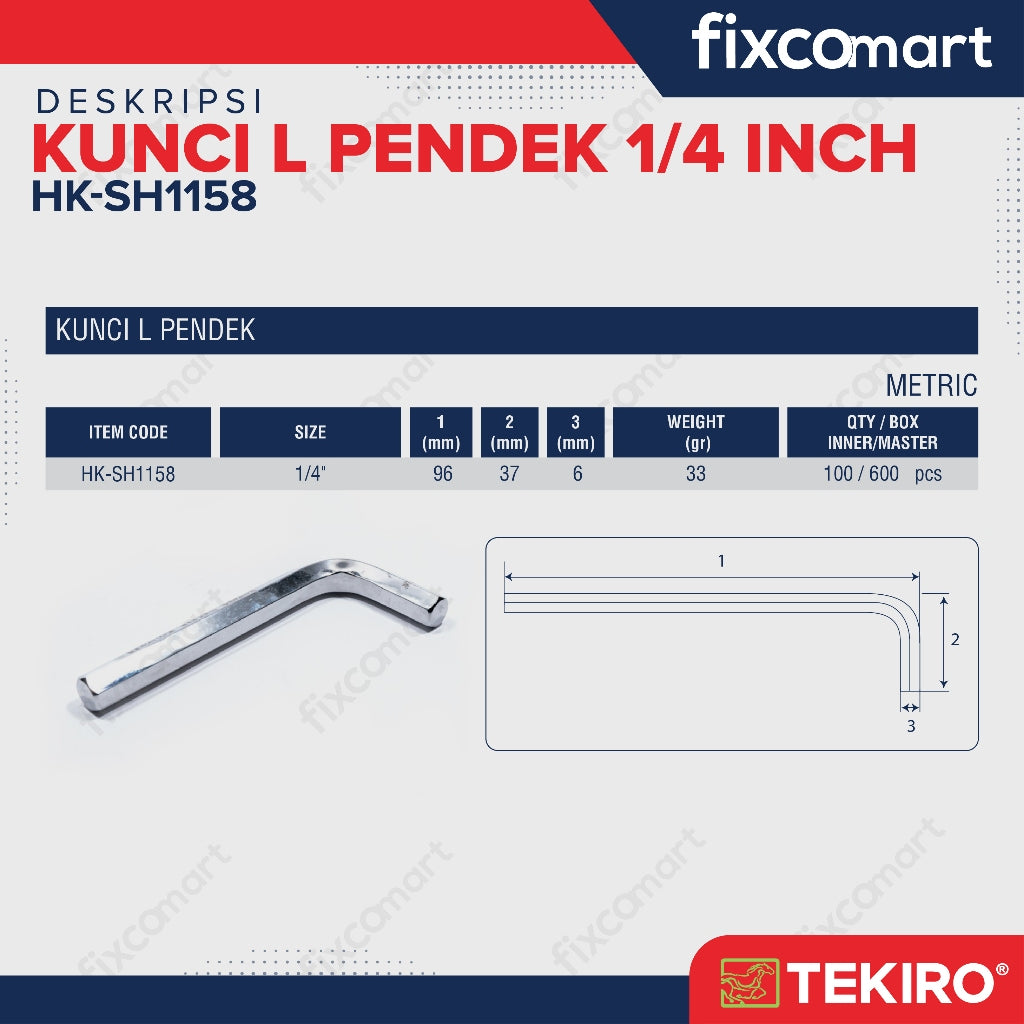 Tekiro Kunci L Pendek 1/4 inch / Hex Key Short