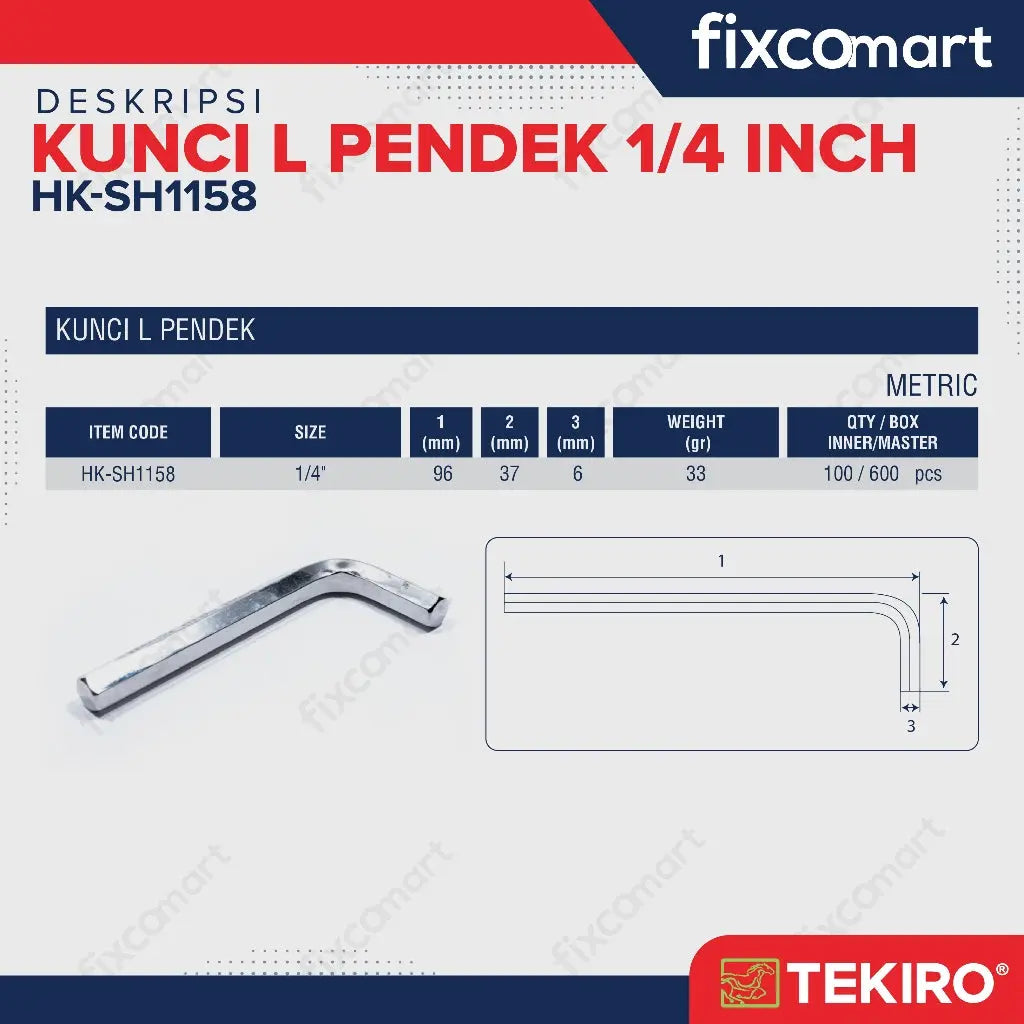 Tekiro Kunci L Pendek 1/4 inch / Hex Key Short FIXCOMART