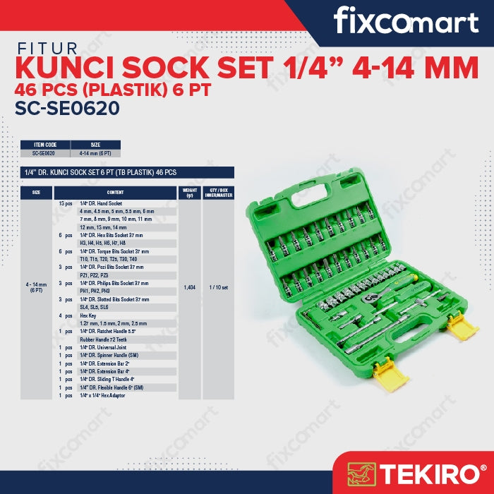Tekiro Socket Set 1/4 Inch 46 Pcs (4-14 Mm) 6Pt / Tekiro Sock Set 46 Pcs
