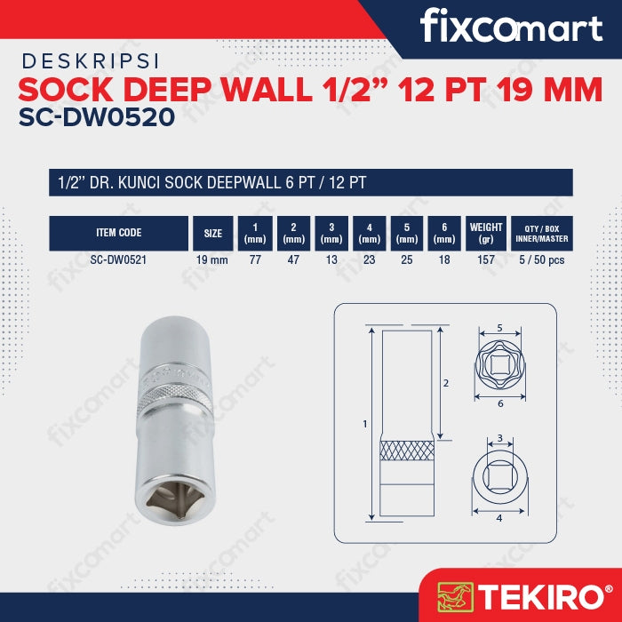 Tekiro Mata Sock Deep Waal 1/2 Inch 19 Mm 12Pt