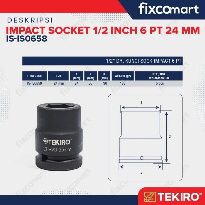 Tekiro Mata Sock Impact 1/2 Inch 24 Mm 6 Pt / Tekiro Socket Impact FIXCOMART