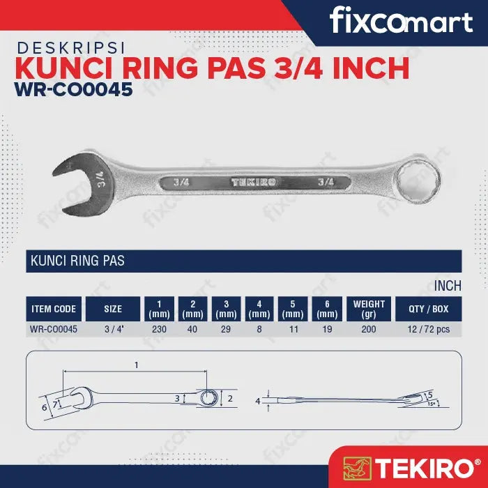 Tekiro Kunci Kombinasi 3/4 Inch / Kunci Ring Pas Inch FIXCOMART