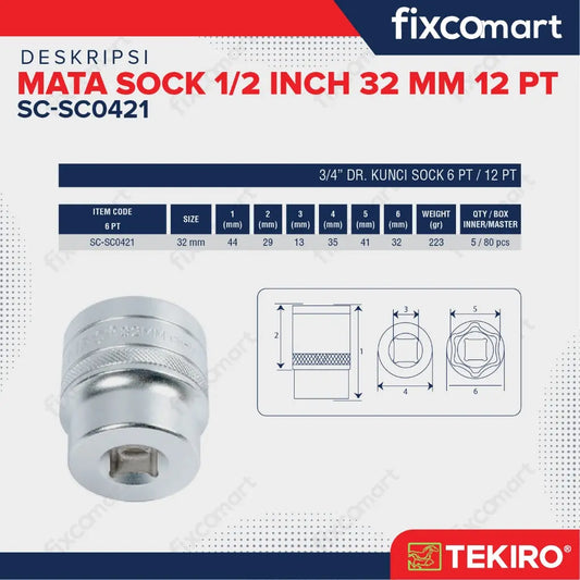 Tekiro Socket 1/2 inch 32 mm 12 PT FIXCOMART