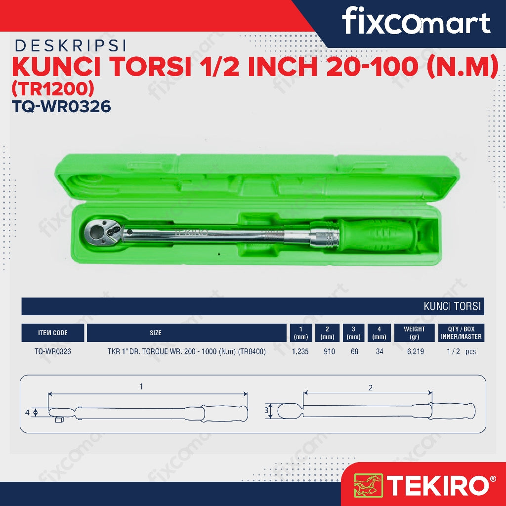Tekiro Kunci Torsi 1/2 Inch 20-100 N.M (Tr1200) / Tekiro Kunci Momen / Kunci Torque
