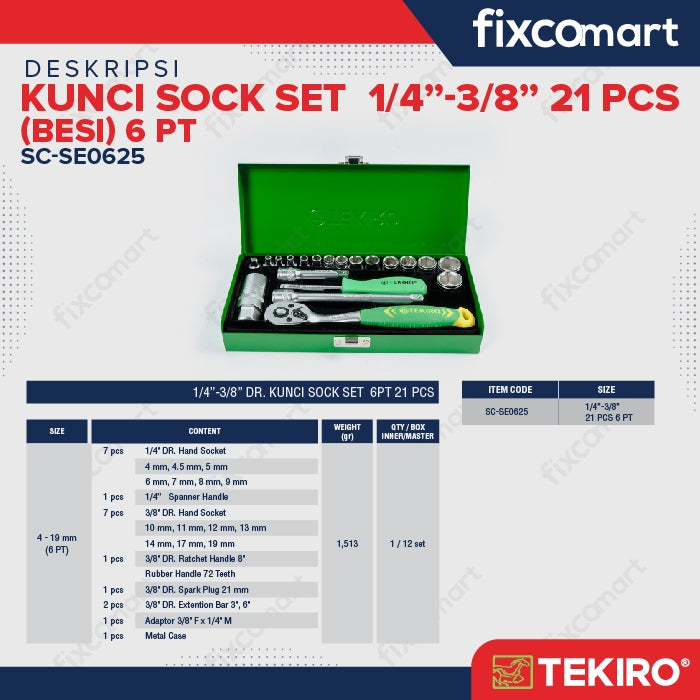 Tekiro Socket Set 1/4 - 3/8 Inch 21 Pcs 6Pt (Box Kaleng) / Tekiro Kunci Socket Set