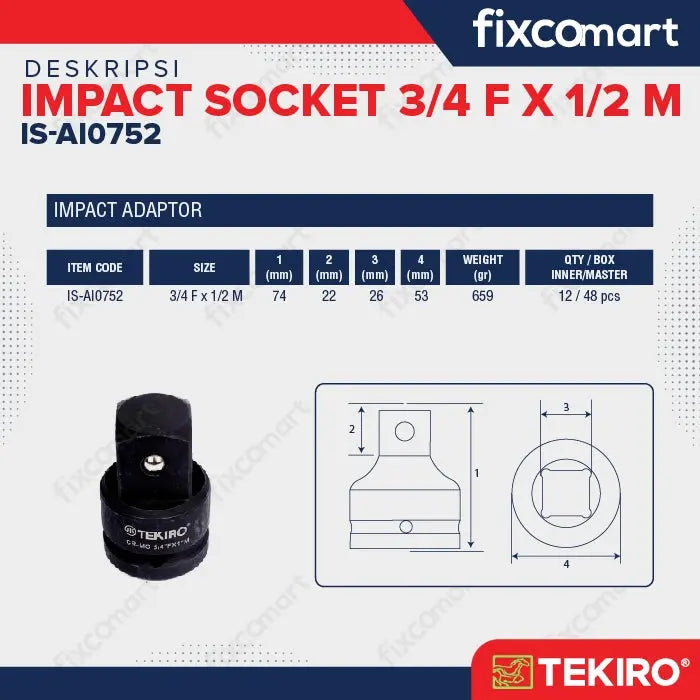 Tekiro Adaptor Impact 3/4 F X 1/2 M / Tekiro Sambungan Mata Sock Impact FIXCOMART