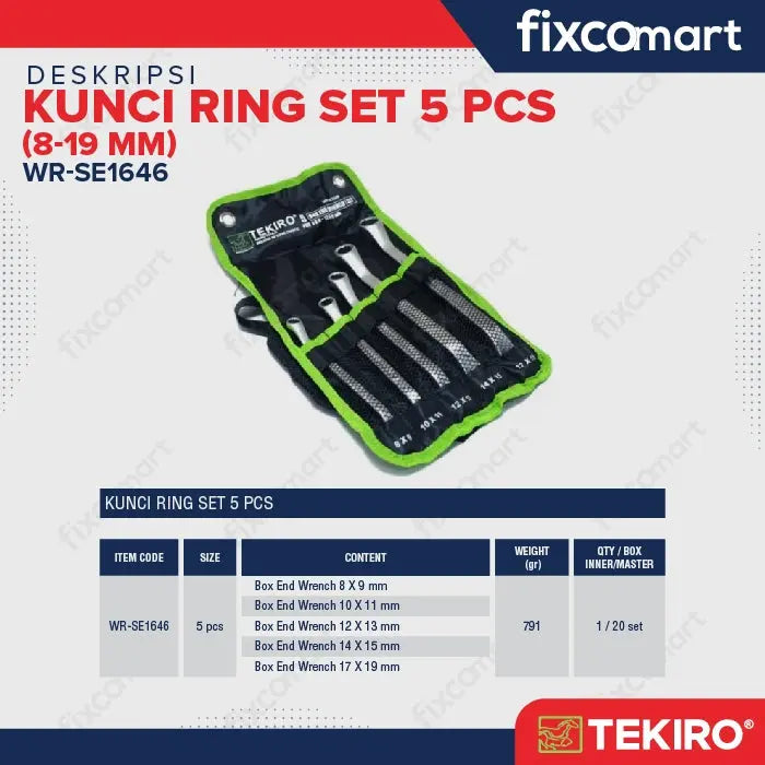 Tekiro Kunci Ring Set 5 Pcs (8-19 Mm) / Tekiro Box End Wrench Set FIXCOMART