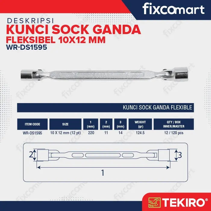 Tekiro Double Swivel Wrench / Kunci Sock Ganda Flexible 10X12 Mm FIXCOMART