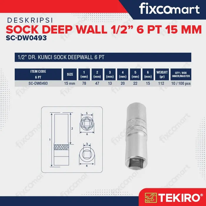 Tekiro Mata Sock Deep Wall 1/2 Inch 6PT 15 mm FIXCOMART