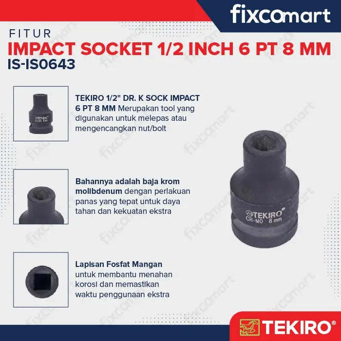Tekiro Mata Sock Impact 1/2 Inch 8 Mm 6 Pt / Tekiro Socket Impact FIXCOMART