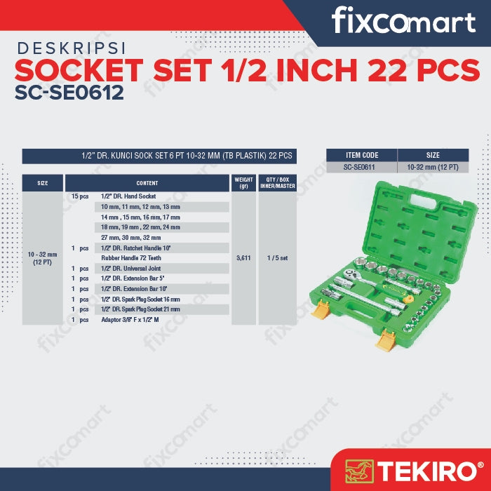 Tekiro Kunci Sock Set 22 Pcs 1/2" 10-32 mm 12PT Box Plastik / Sok Set
