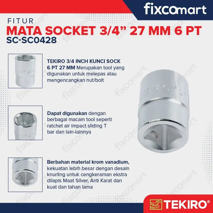 Tekiro Mata Socket / sock / sok 3/4 inch 27mm 6pt / 27 mm 6 pt FIXCOMART