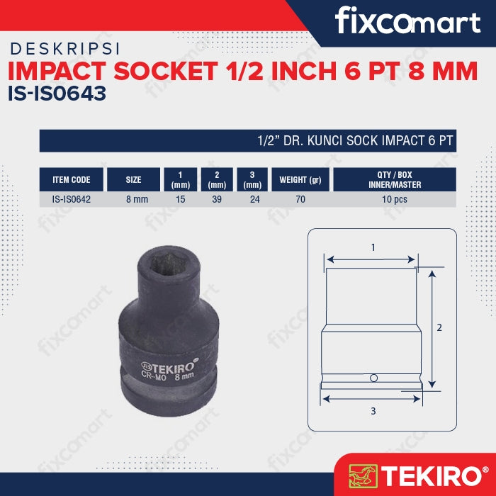 Tekiro Mata Sock Impact 1/2 Inch 8 Mm 6 Pt / Tekiro Socket Impact