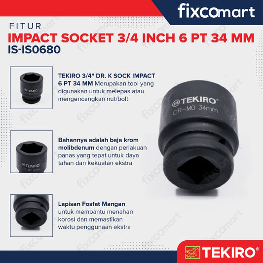 Tekiro Socket Impact 3/4 Inch 34 Mm 6 Pt / Mata Sock Impact