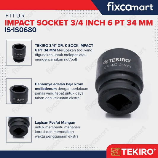 Tekiro Socket Impact 3/4 Inch 34 Mm 6 Pt / Mata Sock Impact FIXCOMART