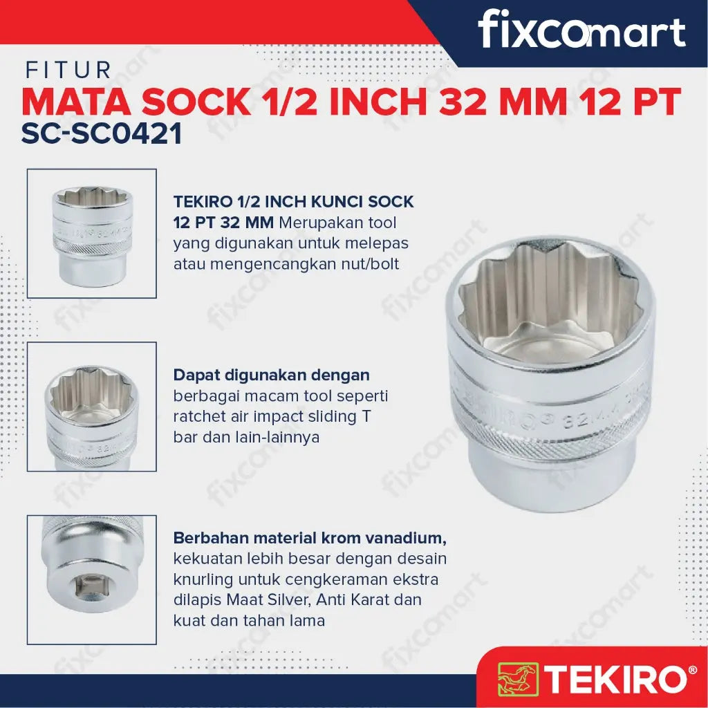 Tekiro Socket 1/2 inch 32 mm 12 PT FIXCOMART